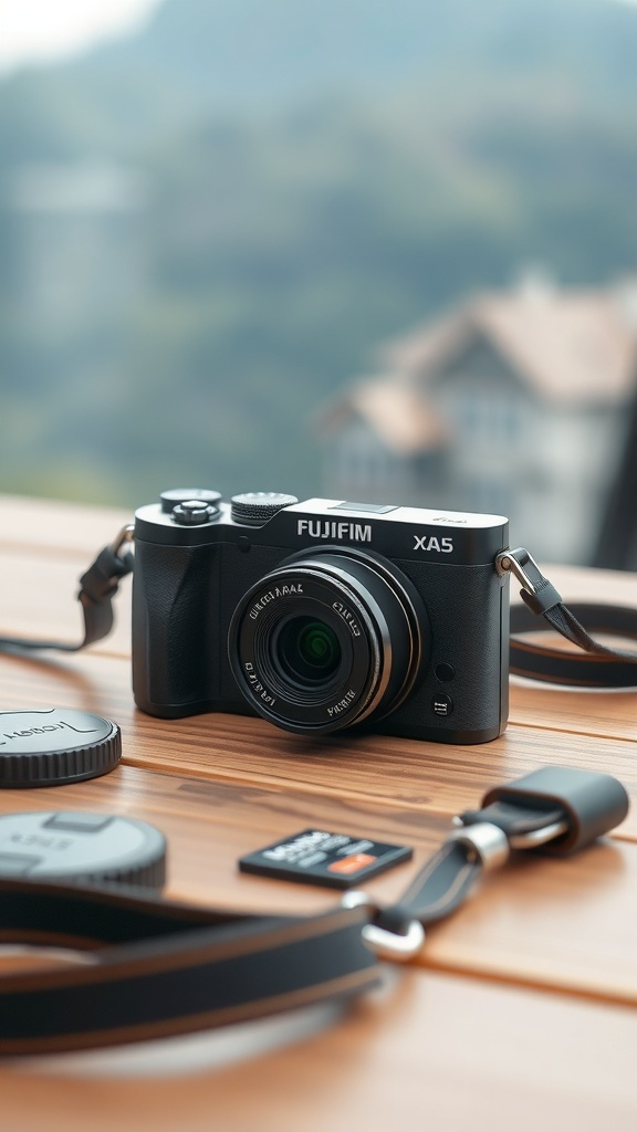 Fuji XA5 camera on a wooden table with photography accessories, showcasing its design and features.